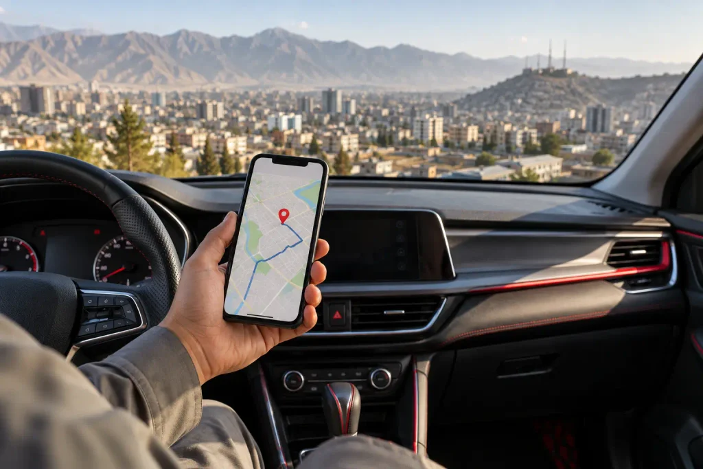 Car location and route displayed on a tracking app