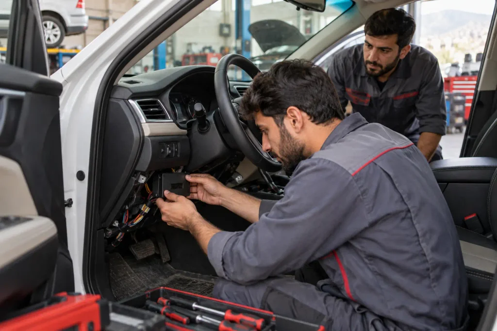 Technician installing a GPS tracking device in a car