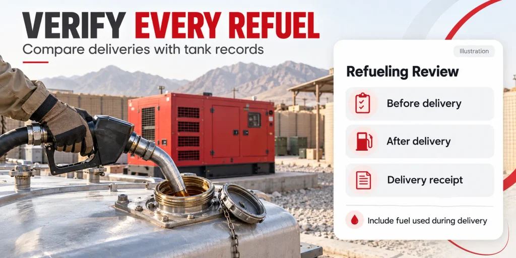 Diesel tank being refueled beside a generator with delivery verification steps