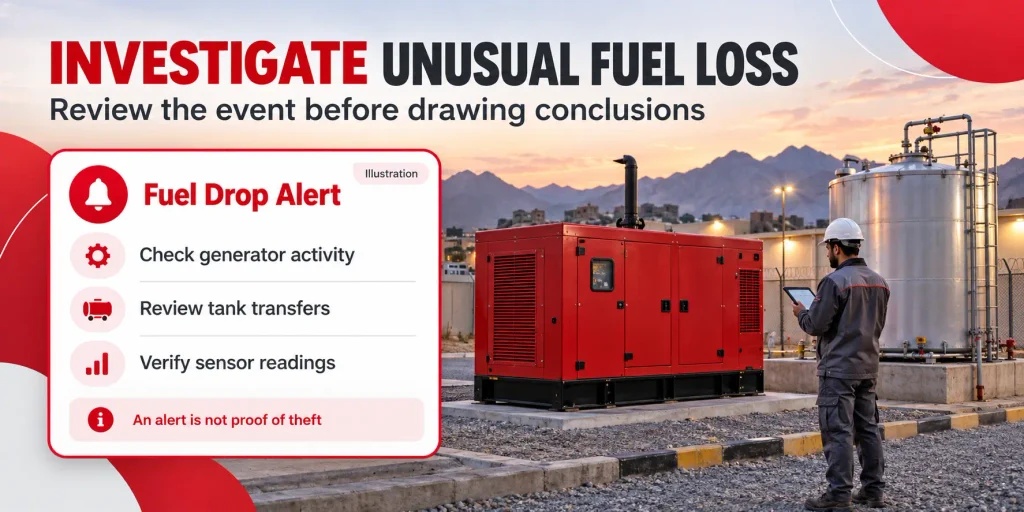 Technician checking a generator beside a fuel-drop alert and investigation checklist