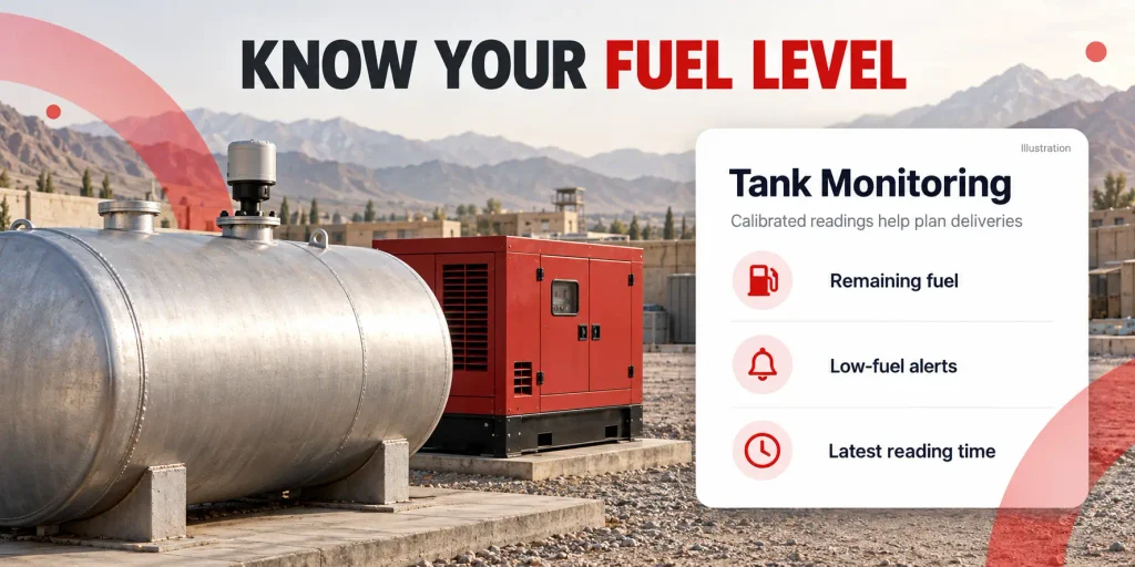 Generator fuel tank with a level sensor and a card explaining remaining fuel and low-fuel alerts