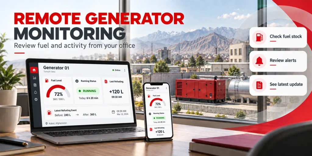 Laptop and mobile showing sample generator fuel levels, running status and refueling records